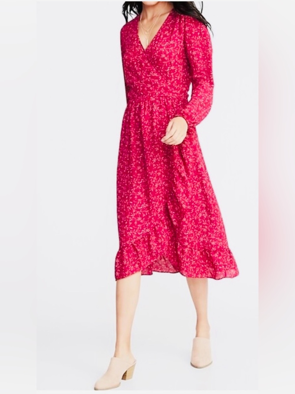 Old Navy Red Floral V-Neck Long Sleeve Dress